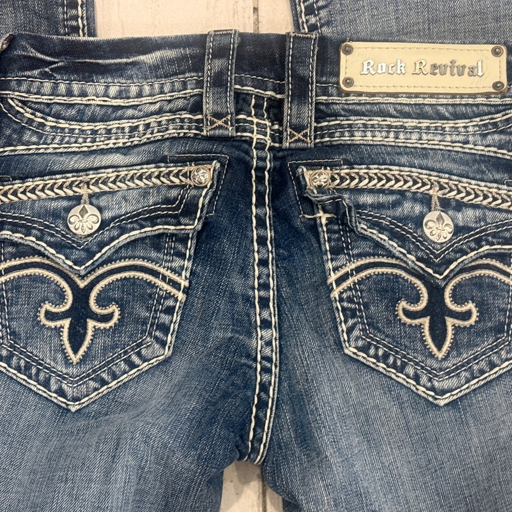 Rock Revival Sasha Bootcut Jeans Size 24 Thick Stitch Flap Pocket Denim